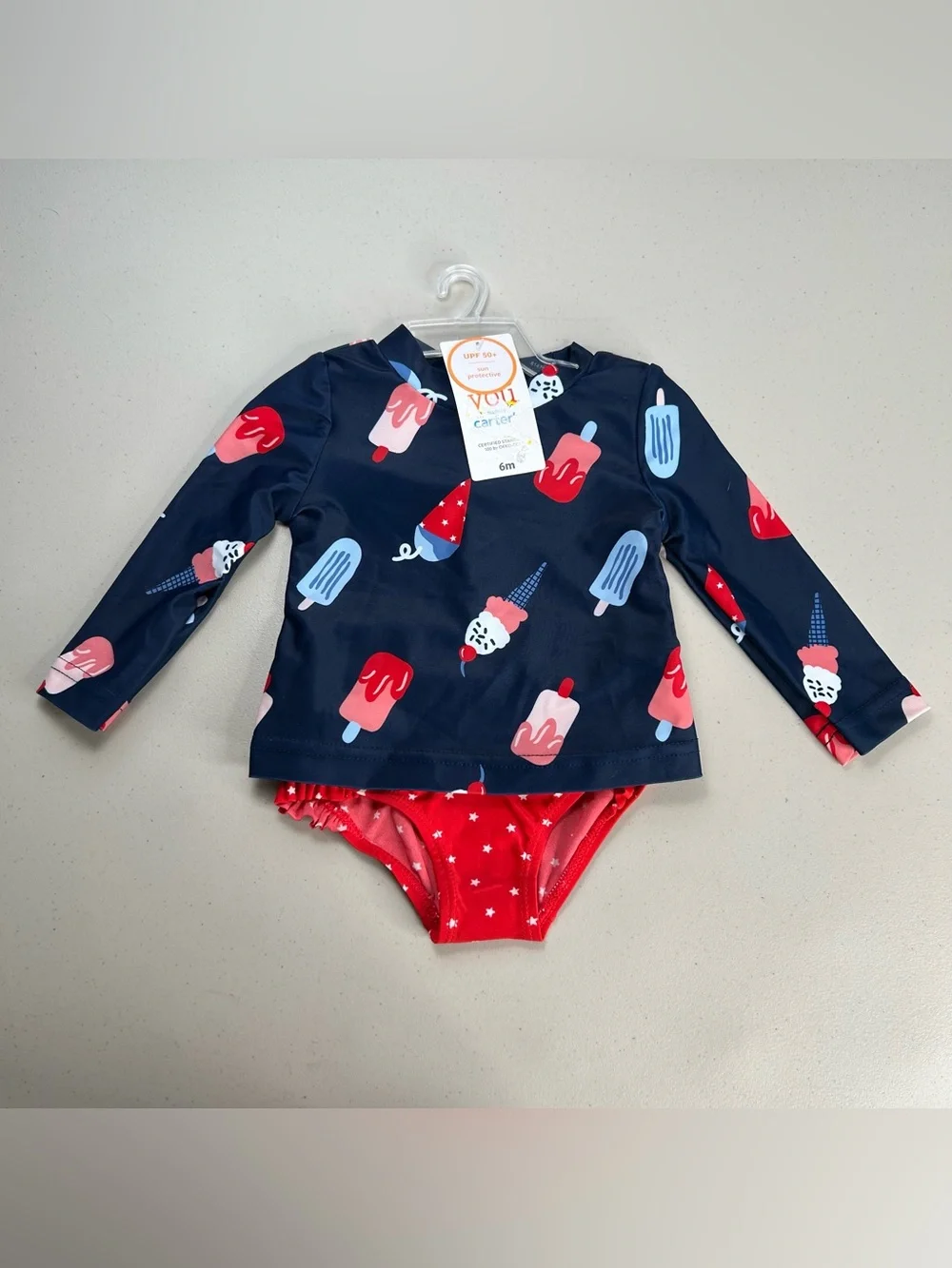 Carters Baby Girls 6M Navy Ice Cream Rash Guard Swimsuit Set UPF 50+
